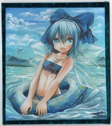 Rule 34 | 1girl, bikini, blue bikini, blue eyes, blue hair, blue sky, bow, cirno, cloud, collarbone, dated, day, framed, hair bow, ice, ice wings, innertube, jewelry, lake, looking at viewer, matching hair/eyes, mosho, navel, necklace, open mouth, painting (medium), pendant, signature, sky, smile, solo, swim ring, swimsuit, touhou, traditional media, watercolor (medium), wings