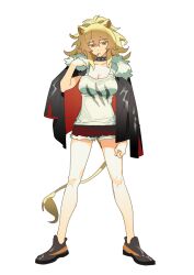 Rule 34 | 1girl, animal ears, arknights, arm at side, black footwear, black jacket, blonde hair, breasts, candy, cleavage, closed mouth, collar, cutoffs, food, frown, full body, glaring, gocic, hand up, highres, jacket, jacket on shoulders, legs apart, lion ears, lion girl, lion tail, lollipop, long hair, looking at viewer, medium breasts, shirt, shoes, short shorts, shorts, siege (arknights), solo, standing, tail, tank top, white shirt