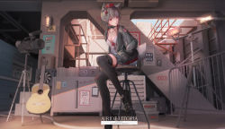 Rule 34 | 1girl, absurdres, acoustic guitar, alternate costume, animal ear fluff, animal ears, black choker, black footwear, black thighhighs, blue sky, box, breasts, camera, casual, choker, cleavage, collarbone, commentary, contemporary, day, feet out of frame, grey jacket, guitar, halterneck, hands in pockets, hat, highres, indoors, instrument, inubashiri momiji, jacket, long sleeves, marcowwine, medium breasts, open clothes, open jacket, pom pom (clothes), red eyes, shoes, short hair, silver hair, sitting, sky, solo, stool, tail, tassel, thigh strap, thighhighs, thighs, tokin hat, touhou, wolf ears, wolf tail