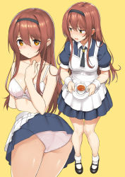 Rule 34 | 1girl, apron, ass, black hairband, blue shirt, blue skirt, blush, bow, bow bra, bra, breasts, brown eyes, brown hair, closed mouth, collarbone, collared shirt, commentary request, cropped torso, cup, hair between eyes, hairband, hand up, highres, holding, holding saucer, idolmaster, idolmaster shiny colors, long hair, looking away, looking to the side, maid apron, mary janes, multiple views, nose blush, open mouth, osaki tenka, panties, pink panties, pleated skirt, puffy short sleeves, puffy sleeves, saucer, shirt, shoes, short sleeves, simple background, skirt, small breasts, socks, standing, takayaki, tea, teacup, underwear, upper body, very long hair, white apron, white bra, white legwear, wrist cuffs, yellow background