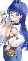 Rule 34 | 1girl, ass, bag, bespectacled, blue eyes, blue hair, blue pants, blunt bangs, blush, boros (ouro kronii), breasts, clothing cutout, coffee cup, commentary, cowboy shot, cup, denim, disposable cup, ear piercing, from side, glasses, glint, grin, hair intakes, handbag, highres, hololive, hololive english, jeans, large breasts, long hair, long sleeves, looking at viewer, looking back, looking over eyewear, makeup, mascara, odyssey 21, official alternate costume, ouro kronii, ouro kronii (casual), pants, parted lips, piercing, semi-rimless eyewear, shirt, shirt tucked in, shoulder cutout, sideboob, signature, simple background, slit pupils, smile, solo, sparkle, standing, symbol-only commentary, turtleneck, twisted torso, virtual youtuber, white background, white shirt