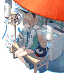 Rule 34 | 1girl, animal ear fluff, animal ears, between legs, black footwear, blue eyes, closed mouth, commentary request, cooler, dress, electricity, food, fox ears, fox tail, green dress, hand between legs, highres, holding, holding food, japanese clothes, kimono, light brown hair, long sleeves, looking at viewer, on bench, original, poco (asahi age), popsicle, rabbit, sandals, shiratama kitsune, short hair, sitting, socks, solo, tabi, tail, white background, white kimono, white socks, wide sleeves, wind chime, zouri