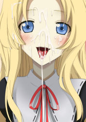 Rule 34 | 1girl, blonde hair, blue eyes, blush, character request, cum, cum in mouth, cum on hair, facial, highres, long hair, looking at viewer, open mouth, smile, solo, source request, teitetsu kishidan, tongue, tongue out, upper body