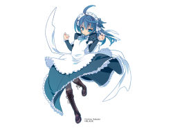 Rule 34 | 00s, 1girl, ahoge, apron, artist name, blade (galaxist), blue dress, blue eyes, blue hair, blush, boots, bow, bowtie, clenched hands, copyright notice, cross-laced footwear, dress, frilled apron, frilled dress, frills, full body, grey pantyhose, hands up, knee boots, kufir absolute, leaning back, leg lift, long hair, long sleeves, looking at viewer, macademix, magician&#039;s academy, maid, maid apron, maid headdress, matching hair/eyes, official art, pantyhose, parted lips, puffy sleeves, qfil absolute, ribbon, simple background, solo, standing, standing on one leg, white background, wind, wind lift