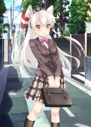 Rule 34 | 1girl, alternate costume, amatsukaze (kancolle), bag, blazer, blue sky, bow, bowtie, breasts, brown eyes, brown jacket, brown skirt, building, cityscape, cloud, day, hair tubes, hat, highres, jacket, kantai collection, long hair, long sleeves, mini hat, nendoroya, outdoors, pink bow, pink bowtie, plaid, plaid skirt, power lines, road, school bag, school uniform, silver hair, skirt, sky, small breasts, solo, street, two side up