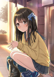 Rule 34 | 1girl, animal, ankle socks, bag, bare legs, black hair, black skirt, blue footwear, blue sailor collar, blush, brown eyes, building, cat, day, duffel bag, getabako, hair ornament, hair scrunchie, highres, long hair, long sleeves, looking at viewer, miko fly, miniskirt, one side up, open door, original, outdoors, own hands together, pleated skirt, reflection, sailor collar, school bag, school uniform, scrunchie, serafuku, shoes, signature, skirt, sneakers, socks, solo, squatting, sunlight, sweater, tareme, tile floor, tiles, yellow sweater