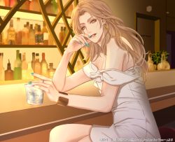 Rule 34 | 1girl, alcohol, bar (place), blue nails, bottle, bracelet, cup, dated, dress, earrings, ice, ice cube, indoors, jewelry, light brown hair, long hair, looking at viewer, nail polish, nuts912, off-shoulder dress, off shoulder, official art, ring, sitting, solo, stool, thoughts for you, watermark, white dress, wine bottle, yellow eyes