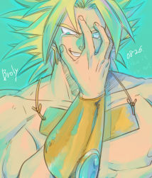 Rule 34 | 1boy, bakusou k, bare pectorals, blue eyes, bracelet, broly (dragon ball z), character name, collar, crying, dated, dragon ball, dragonball z, earrings, hand on own face, jewelry, looking away, male focus, pectorals, smile, solo, spiked hair, super saiyan, super saiyan 1, tears, text focus, topless male