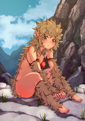 Rule 34 | 1girl, barefoot, between legs, bikini, bikini top only, blush, bottomless, breasts, brown eyes, chikuwa udon, closed mouth, cloud, covered erect nipples, day, frown, full body, fur, grass, hand between legs, head tilt, medium breasts, monkey girl, monster girl, original, outdoors, outstretched arms, pointy ears, red bikini, rock, sitting, sky, solo, swimsuit