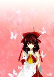 Rule 34 | 1girl, bad id, bad pixiv id, broom, bug, butterfly, female focus, hakurei reimu, bug, japanese clothes, miko, nr (cerumia), nr (cmnrr), nr (pixiv), red eyes, ribbon, smile, solo, touhou