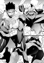 Rule 34 | 1boy, absurdres, ass, bodysuit, boku no hero academia, endeavor (boku no hero academia), feet out of frame, greyscale, highres, koooogasya, large pectorals, long sleeves, male focus, mature male, monochrome, muscular, muscular male, one eye closed, pectorals, scar, scar across eye, short hair, solo, spiked hair, standing, thighs, torn bodysuit, torn clothes