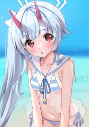 Rule 34 | 1girl, :o, absurdres, bikini, blue archive, blue bikini, blue hair, blush, breasts, chise (blue archive), chise (swimsuit) (blue archive), collarbone, cowboy shot, halo, halterneck, highres, horns, long hair, navel, neck ribbon, red eyes, rei (ilust9999), ribbon, sailor collar, side-tie bikini bottom, side ponytail, small breasts, solo, sparkle, standing, striped bikini, striped clothes, swimsuit, wet