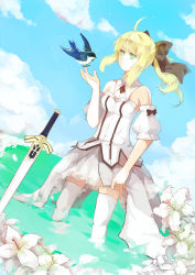 Rule 34 | 1girl, ahoge, artoria pendragon (fate), bad id, bad pixiv id, bare shoulders, bird, bird on hand, blonde hair, bow, breasts, capcom, cleavage, cloud, day, detached sleeves, dress, excalibur (fate/stay night), fate/stay night, fate/unlimited codes, fate (series), flower, green eyes, hair bow, lily (flower), midori (willasama), ponytail, saber (fate), saber lily, sky, small breasts, solo, sword, thighhighs, wading, water, weapon