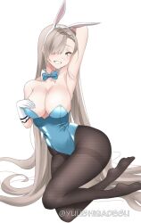 Rule 34 | 1girl, :d, animal ears, arm behind head, armpits, asuna (blue archive), asuna (bunny) (blue archive), black pantyhose, blue archive, blue eyes, blue leotard, breasts, cleavage, collarbone, commentary, elbow gloves, fake animal ears, full body, gloves, grey hair, groin, hair over one eye, hairband, head tilt, highleg, highleg leotard, highres, large breasts, leotard, long hair, looking at viewer, mole, mole on breast, official alternate costume, open mouth, pantyhose, playboy bunny, presenting armpit, rabbit ears, sidelocks, simple background, sitting, sleeveless, smile, solo, strapless, strapless leotard, twitter username, white background, yuushiba