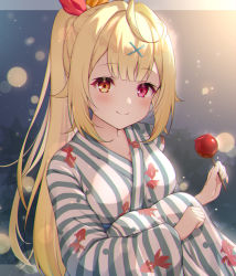 Rule 34 | 1girl, ahoge, blonde hair, breasts, candy, candy apple, closed mouth, food, hair ornament, heterochromia, holding, holding candy, holding food, hoshikawa sara, japanese clothes, kimono, knees to chest, looking at viewer, medium breasts, nijisanji, ponytail, print kimono, red eyes, sitting, smile, solo, striped clothes, striped kimono, virtual youtuber, x hair ornament, yellow eyes, yukata, zky (oekaky)