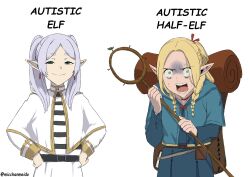 Rule 34 | 2girls, absurdres, artist name, belt, blonde hair, blue robe, braid, brown belt, capelet, commentary, crossover, dangle earrings, dungeon meshi, earrings, elf, english commentary, english text, female focus, frieren, gold trim, green eyes, hair over shoulder, half-closed eyes, hands on own hips, hands up, highres, holding, holding staff, jewelry, long hair, looking at viewer, mage staff, marcille donato, micchan (micchanmeido), multiple girls, open mouth, pointy ears, rectangular mouth, robe, sanpaku, shirt, simple background, sousou no frieren, spoilers, staff, striped clothes, striped shirt, trait connection, twitter username, upper body, white background, white capelet, white hair