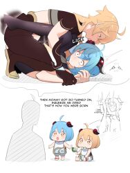 Rule 34 | 1boy, 4girls, aether (genshin impact), ahoge, bird, black pantyhose, blonde hair, blue hair, brown gloves, cloud retainer (genshin impact), comic, commentary, crane (animal), english commentary, english text, father and daughter, ganyu (genshin impact), genshin impact, gloves, goat horns, highres, horns, if they mated, licking, licking horn, long hair, lying, lying on person, mother and daughter, multiple girls, pantyhose, revision, sex, short hair, tongue, tongue out, torn clothes, torn pantyhose, twitter username, white background, xianyun (genshin impact), yuushiba
