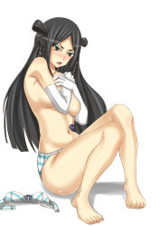 Rule 34 | 1girl, barefoot, black hair, blue bra, blue panties, blush, bow, bow bra, bra, braid, breasts, covering breasts, covering privates, elbow gloves, embarrassed, eyeshadow, fairy tail, feet, female focus, full body, gloves, green eyes, hands up, highres, large breasts, long hair, looking at viewer, makeup, minerva orlando, navel, nose blush, open mouth, own hands together, panties, shiny skin, simple background, sitting, solo, striped bra, striped clothes, striped panties, tattoo, teeth, topless, twin braids, underwear, underwear only, unworn bra, white background, white gloves, xsorax812