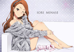 Rule 34 | 1girl, ;), animal ears, bare legs, bare shoulders, barefoot, blush, brown hair, character name, collarbone, earrings, feet, forehead, from side, full body, grey sweater, hairband, idolmaster, idolmaster (classic), jewelry, knees up, long sleeves, looking at viewer, looking to the side, minase iori, nail polish, necklace, off-shoulder, off-shoulder sweater, off shoulder, one eye closed, rabbit ears, red eyes, red nails, signature, sleeves past wrists, smile, solo, sweater, taku1122, toenail polish, toenails, toes, two-tone hairband