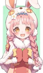 Rule 34 | 1girl, :d, animal hat, animal hood, blush, braid, button eyes, buttons, capelet, fur-trimmed capelet, fur-trimmed mittens, fur trim, green background, hat, highres, hood, long hair, looking at viewer, low twin braids, mimi (princess connect!), mittens, namaonpa, open mouth, own hands together, pink hair, princess connect!, rabbit hat, rabbit hood, smile, solo, twin braids, two-tone background, upper body, white background, yellow eyes