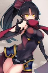 Rule 34 | 1girl, absurdres, black hair, blush, breasts, covered navel, elbow gloves, fate/grand order, fate (series), fingers together, gloves, highres, joints, katou danzou (fate), large breasts, leotard, long hair, nanakaku, ninpo, ponytail, red scarf, robot joints, scarf, sleeveless, solo, thighs, yellow eyes
