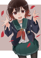 Rule 34 | 1girl, absurdres, black jacket, black pantyhose, brown hair, commentary request, cowboy shot, crescent, crescent pin, gradient hair, green sailor collar, green skirt, haida katsuretsu, highres, jacket, kantai collection, multicolored hair, mutsuki (kancolle), mutsuki kai ni (kancolle), neckerchief, pantyhose, petals, pleated skirt, red eyes, red hair, red neckerchief, sailor collar, school uniform, serafuku, short hair, skirt, smile, solo