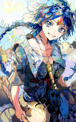 Rule 34 | 1boy, absurdres, aladdin (magi), blue eyes, blue hair, blue robe, braid, flute, forehead jewel, gem, highres, instrument, looking at viewer, magi the labyrinth of magic, male focus, open mouth, patterned clothing, patterned hair, red gemstone, robe, single braid, smile, solo, wand, yadu nadu