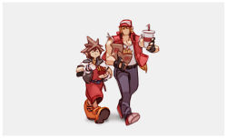 Rule 34 | 2boys, baseball cap, blonde hair, cropped jacket, cup, denim, disposable cup, eating, fatal fury, food, french fries, french text, grey background, hat, highres, jeans, kingdom hearts, kingdom hearts i, male focus, multiple boys, nin nakajima, nintendo, no mouth, pants, shoes, short jumpsuit, simple background, sneakers, snk, solid circle eyes, sora (kingdom hearts), spiked hair, super smash bros., terry bogard, the king of fighters, walking, yellow footwear