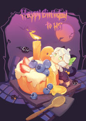 Rule 34 | 1boy, animal ears, bat (animal), blueberry, cake, candle, cat boy, cat ears, cat tail, dessert, fire, food, fruit, happy birthday, highres, luo xiaohei, luo xiaohei (human), luo xiaohei zhanji, oversized food, oversized object, solo, spoon, strawberry, strawberry slice, suncle, tail