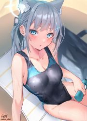 Rule 34 | 1girl, aekun cben, animal ear fluff, animal ears, bag, bare arms, blue archive, blue eyes, blurry, blurry background, blush, bottle, breasts, bright pupils, cleavage, competition swimsuit, cross hair ornament, duffel bag, extra ears, grey hair, hair ornament, halo, highres, holding, holding bottle, medium breasts, mismatched pupils, one-piece swimsuit, parted lips, shiroko (blue archive), shiroko (swimsuit) (blue archive), sitting, solo, swimsuit, thigh gap, twitter username, two-tone swimsuit, water bottle, wet, white pupils