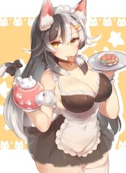 Rule 34 | 1girl, animal ears, apron, bare shoulders, bell, bikini, black bikini, black hair, blush, breasts, brown eyes, cat ears, cat tail, character request, choker, cleavage, covered navel, curvy, food, gradient hair, hair ornament, hairclip, highres, large breasts, long hair, looking at viewer, multicolored hair, neck bell, pokoten (pokoten718), ribbon, see-through, silver hair, skirt, smile, solo, swimsuit, tail, tail ornament, tail ribbon, teapot, thick thighs, thighhighs, thighs, tray, waifu2x, white thighhighs, wide hips, zettai ryouiki