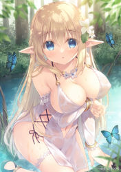 Rule 34 | 1girl, bare shoulders, blonde hair, blue eyes, blush, breasts, bug, butterfly, cleavage, covered erect nipples, dress, elf, flower, hair flower, hair ornament, insect, long hair, looking at viewer, navel, no bra, no panties, original, outdoors, pointy ears, solo, water, white dress, yukie (peach candy)