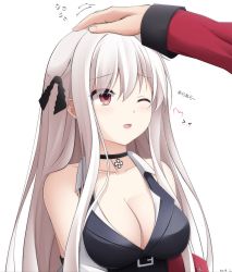 Rule 34 | 1boy, 1girl, ;d, armband, artist name, bare shoulders, black choker, black dress, black ribbon, breasts, choker, cleavage, commander (girls&#039; frontline), commentary request, cross, dress, girls&#039; frontline, grey hair, griffin &amp; kryuger military uniform, hair between eyes, hair ribbon, headpat, highres, iron cross, kar98k (girls&#039; frontline), keenh, long hair, long sleeves, looking away, medium breasts, one eye closed, open mouth, out of frame, red eyes, ribbon, signature, simple background, sleeveless, sleeveless dress, smile, solo focus, upper body, white background