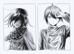 Rule 34 | 2boys, :d, ahoge, breast pocket, buttons, checkered clothes, checkered scarf, closed mouth, danganronpa (series), danganronpa v3: killing harmony, double-breasted, frown, greyscale, hair between eyes, hand up, jacket, kasou (roomno404 ), long sleeves, male focus, messy hair, monochrome, multiple boys, oma kokichi, open mouth, pocket, saihara shuichi, scarf, short hair, smile