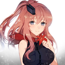 Rule 34 | black dress, blue eyes, blush, breast pocket, breasts, brown hair, buttons, closed mouth, commentary, dress, floating hair, flower, hair between eyes, hair ornament, headgear, highres, holding, holding flower, kantai collection, kocona, large breasts, light particles, neckerchief, pocket, ponytail, red neckerchief, red scarf, saratoga (kancolle), saratoga mk ii (kancolle), scarf, side ponytail, sidelocks, sleeveless, sleeveless dress, smile, smokestack, smokestack hair ornament, solo, upper body