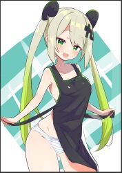 Rule 34 | 1girl, :d, apron, arched back, bare arms, bare shoulders, black apron, blonde hair, blush, caburi, commentary, contrapposto, gradient hair, green eyes, green hair, groin, hair ornament, head tilt, highres, kanji hair ornament, long hair, looking at viewer, mascot, multicolored hair, nearly naked apron, open mouth, original, panties, petite, removing apron, smile, solo, striped clothes, striped panties, swept bangs, tsukumo-tan, underwear, undressing, untying, very long hair, white panties