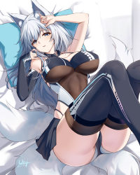 Rule 34 | 1girl, absurdres, animal ears, arm up, azur lane, bare shoulders, blue eyes, bodysuit, bodysuit under clothes, breasts, brown bodysuit, cross-laced clothes, dated, detached sleeves, feet out of frame, fox ears, fox tail, hand on own head, highres, knees up, large breasts, long hair, looking at viewer, lying, miniskirt, on back, panty straps, parted lips, pillow, shinano (azur lane), shinano (moonlit chrome) (azur lane), signature, single sleeve, skirt, sleeves past wrists, solo, tail, thighhighs, thighs, unique (pixiv12704744), white hair, white tail
