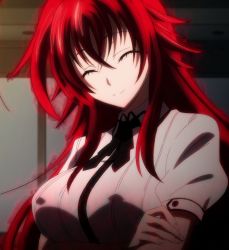 Rule 34 | 10s, 1girl, breasts, closed eyes, female focus, high school dxd, highres, large breasts, long hair, red hair, rias gremory, school uniform, smile, solo, stitched, third-party edit