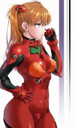 Rule 34 | 1girl, blue eyes, bodysuit, breasts, brown hair, closed mouth, covered erect nipples, cowboy shot, from side, hair between eyes, hand on own hip, hand up, lips, long hair, medium breasts, neon genesis evangelion, plugsuit, red bodysuit, solo, souryuu asuka langley, teoshiguruma, two side up