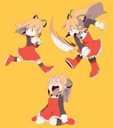 Rule 34 | 1girl, blonde hair, boots, crying, dokan (dkn), dress, closed eyes, female focus, open mouth, ponytail, mega man (series), mega man (classic), roll (mega man), simple background, sitting, solo, wariza, yellow background
