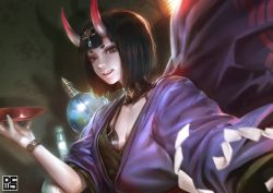 Rule 34 | 1girl, black eyes, bob cut, breasts, cleavage, cup, dcwj, fate/grand order, fate (series), headpiece, horns, japanese clothes, kimono, looking at viewer, oni, open mouth, sakazuki, short eyebrows, short hair, shuten douji (fate), skin-covered horns, small breasts, solo
