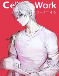 Rule 34 | 10s, 1boy, black eyes, closed mouth, clothes writing, collarbone, flat cap, gloves, hair over one eye, hat, hataraku saibou, highres, holding, holding clothes, holding hat, jacket, long sleeves, looking at viewer, looking to the side, male focus, mery (yangmalgage), pale skin, profile, red background, shirt, short sleeves, silver hair, simple background, solo, u-1146, unworn hat, unworn headwear, white blood cell (hataraku saibou), white gloves, white hat, white jacket, white shirt