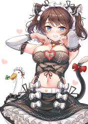 Rule 34 | 1girl, alternate costume, arm warmers, armpits, arms up, bare shoulders, bell, black choker, black shirt, black skirt, blouse, blue eyes, breasts, brown hair, cat tail, choker, cleavage, cleavage cutout, clothing cutout, crop top, enmaided, fishnets, frilled skirt, frills, garter straps, grin, heart cutout, highres, hololive, jingle bell, large breasts, long hair, looking at viewer, maid, maid headdress, midriff, navel, no bra, oozora subaru, shirt, skirt, sleeveless, sleeveless shirt, smile, solo, spaghetti strap, stomach, subaru duck, tail, twintails, virtual youtuber, yougenko