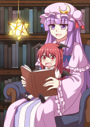Rule 34 | 2girls, :d, absurdres, blush, book, bookshelf, chair, crescent, crescent hat ornament, feet out of frame, hair ribbon, happy, hat, hat ornament, head wings, highres, holding, indoors, koakuma, library, long hair, long sleeves, multiple girls, open book, open mouth, patchouli knowledge, piaoluo de ying huaban, purple eyes, purple hair, reading, red eyes, red hair, ribbon, sitting, sitting on lap, sitting on person, smile, touhou, wings