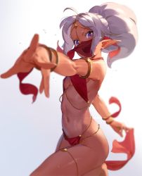 Rule 34 | 1girl, armpits, backlighting, bare shoulders, barefoot, bikini, blurry, blurry background, blurry foreground, bracelet, breasts, cowboy shot, dancer, dark-skinned female, dark elf, dark skin, depth of field, elf, foreshortening, gradient background, hair ornament, harem outfit, jewelry, kinta (distortion), looking at viewer, midriff, mouth veil, navel, necklace, open mouth, original, pelvic curtain, pointy ears, purple eyes, red bikini, see-through, simple background, swimsuit, teeth, tiara, upper teeth only, veil, white background, white hair