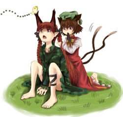 Rule 34 | 2girls, animal ears, bad id, bad pixiv id, barefoot, braid, brown hair, bug, butterfly, cat ears, cat girl, cat tail, chen, earrings, extra ears, female focus, hair ribbon, hairdressing, hat, bug, jewelry, kaenbyou rin, long hair, mouth hold, multiple girls, multiple tails, peso (numbers), red eyes, red hair, ribbon, short hair, tail, touhou, twin braids, twintails