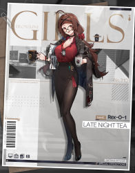 Rule 34 | 1girl, ahoge, artist request, black choker, black footwear, black jacket, black pantyhose, black skirt, blush, braid, breasts, brown hair, character name, choker, cleavage, coffee cup, collarbone, commentary, copyright name, cup, disposable cup, english commentary, english text, formal, full body, girls&#039; frontline, glasses, hair ornament, hairclip, high heels, highres, holding, holding cup, id card, jacket, jacket on shoulders, jewelry, long hair, looking at viewer, low twintails, medium breasts, necklace, notepad, office lady, official alternate costume, official art, open mouth, pantyhose, promotional art, red eyes, red shirt, rex zero 1 (girls&#039; frontline), rex zero 1 (late night tea) (girls&#039; frontline), shirt, skirt, skirt suit, smile, solo, standing, suit, teeth, twintails, upper teeth only