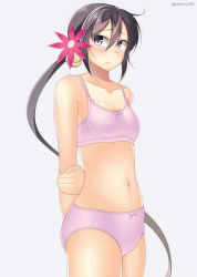 Rule 34 | 10s, 1girl, akebono (kancolle), bad id, bad pixiv id, bell, blush, bow, bow bra, bow panties, bra, breasts, cowboy shot, flower, hair bell, hair flower, hair ornament, jingle bell, kankitsunabe (citrus), kantai collection, long hair, navel, nose blush, panties, pink bra, pink panties, purple eyes, purple hair, side ponytail, small breasts, solo, sports bra, stomach, underwear, underwear only, very long hair