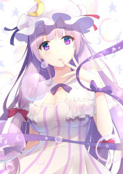 Rule 34 | 1girl, absurdres, blunt bangs, bow, breasts, capelet, cleavage, crescent, crescent hair ornament, diving penguin, dress, hair bow, hair ornament, hat, highres, long hair, looking at viewer, medium breasts, neck ribbon, open mouth, patchouli knowledge, purple eyes, purple hair, purple ribbon, red bow, ribbon, sleeveless, sleeveless dress, solo, standing, striped clothes, striped dress, touhou, very long hair, white capelet, white dress, white hat, wrist ribbon