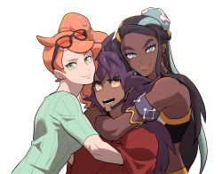 Rule 34 | 1boy, 2girls, armlet, black hair, blue eyes, blue eyeshadow, bright pupils, closed mouth, commentary, creatures (company), dark-skinned female, dark-skinned male, dark skin, earclip, earrings, eyelashes, eyeshadow, eyewear on head, facial hair, game freak, green eyes, green shirt, hair bun, hair ornament, heart, heart hair ornament, highres, hoop earrings, hug, jewelry, leon (pokemon), long hair, looking at viewer, makeup, multicolored hair, multiple girls, nessa (pokemon), nintendo, open mouth, orange hair, pokemon, pokemon swsh, purple hair, red shirt, redlhzz, ribbed shirt, shirt, side ponytail, single hair bun, smile, sonia (pokemon), sunglasses, symbol-only commentary, teeth, two-tone hair, upper body, white background, white pupils, yellow eyes